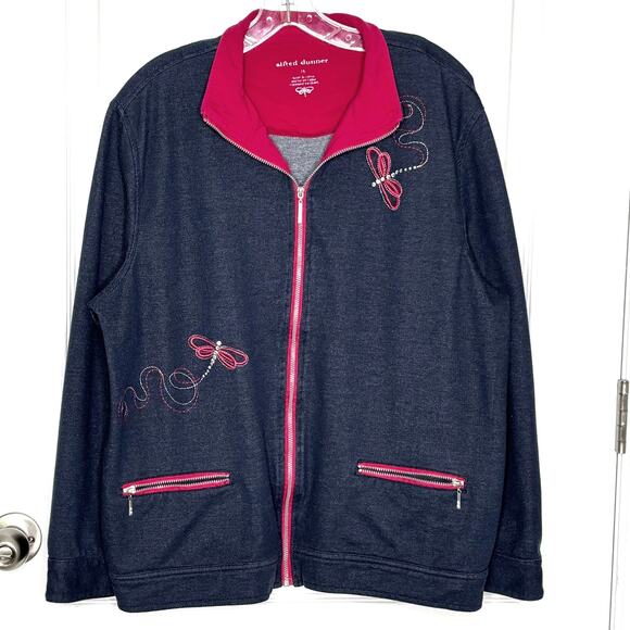 Alfred Dunner Wms 18 Blue Knit Full Zip Jacket Pink Dragonfly With Rhinestones - Picture 1 of 12